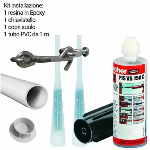 Kit installazione: 1 resina in Epoxy, 1 chiavistello, 1 copri suolo, 1 tubo PVC da 1 metro
