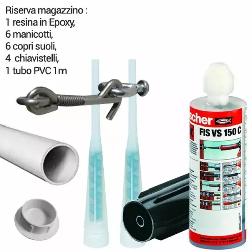 Kit di riserva: 1 resina in Epoxy, 6 manicotti, 6 copri suolo, 4 chiavistelli, 1 tubo PVC da 1 metro