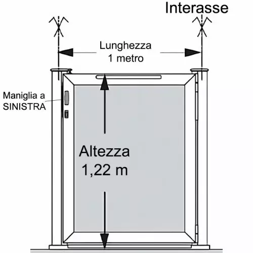 Cancello pedonale in vetro largo 100 cm con colonne in alluminio h. 125 cm, maniglia a sinistra e apertura a destra