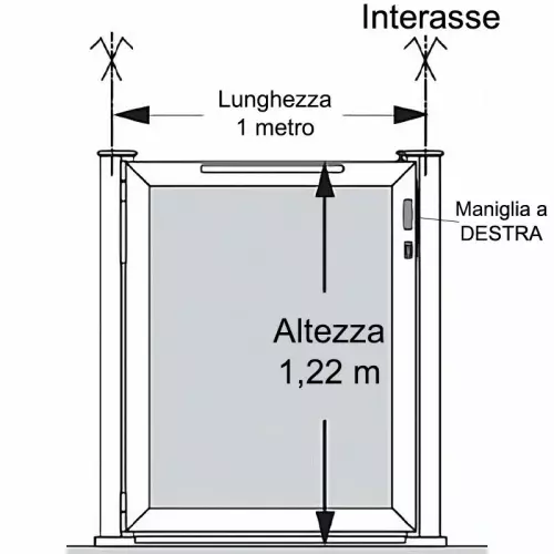 Cancello pedonale in vetro largo 100 cm con colonne in alluminio h. 125 cm, maniglia a destra e apertura a sinistra