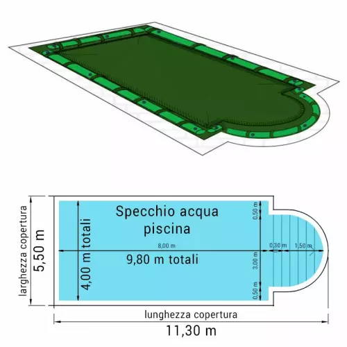 Copertura 11,30 x 5,50 m invernale Standard 240 gr/m² con bretelle e salamotti per piscine Rettangolari con scala romana 9,80 x 4,00 m