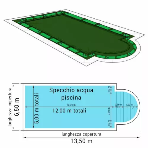 Copertura 13,50 x 6,50 m invernale Standard 240 gr/m² con bretelle e salamotti per piscine Rettangolari con scala romana 12,00 x 5,00 m