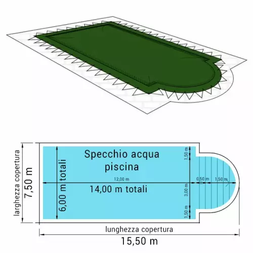 Copertura 15,50 x 7,50 m invernale Standard 240 gr/m² occhielli e corda elastica per piscine Rettangolari con scala romana 14,00 x 6,00 m