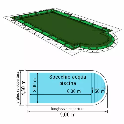 Copertura 9,00 x 4,50 m invernale Standard COMBI 240 gr/m² con occhielli e salsicciotti per piscine Rettangolari con scala romana 7,50 x 3,00 m