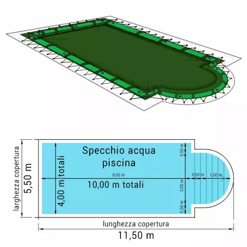 Copertura 11,50 x 5,50 m invernale Standard COMBI 240 gr/m² con occhielli e salsicciotti per piscine Rettangolari con scala romana 10,00 x 4,00 m