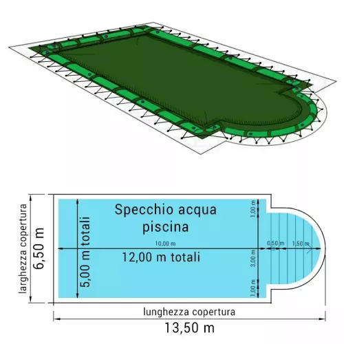 Copertura 13,50 x 6,50 m invernale Standard COMBI 240 gr/m² con occhielli e salsicciotti per piscine Rettangolari con scala romana 12,00 x 5,00 m
