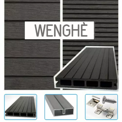 Listone in legno composito WPC BAMBOO Classic Double Face 220 x 14 x 2,5 cm con KIT di installazione - colore WENGHÈ