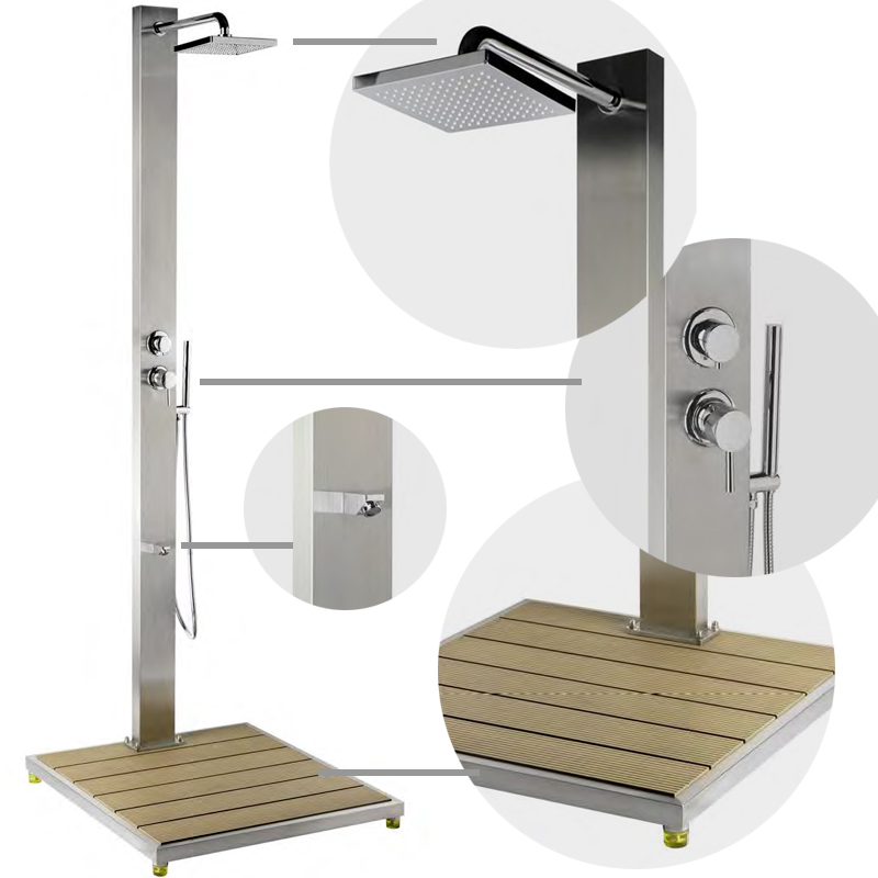 Doccia per piscina ad acqua calda e fredda STEEL DESIGN con lavapiedi, doccetta mobile e pedana