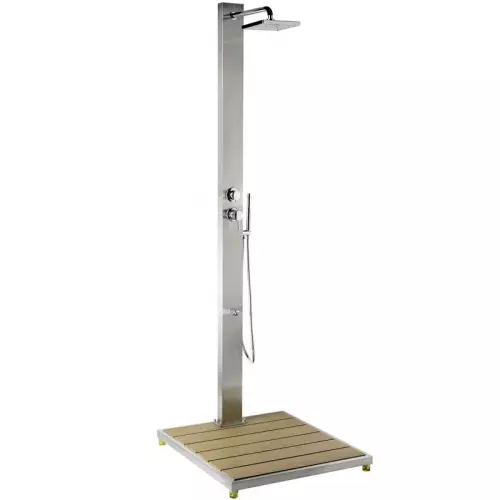 Doccia per piscina ad acqua calda e fredda STEEL DESIGN in acciaio, con lavapiedi, doccetta mobile e pedana