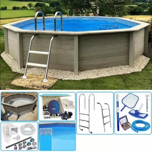KIT Piscina cemento effetto legno NATURALIS decagonale Ø 4,93 x h 1,28 m con filtrazione a sabbia e locale tecnico