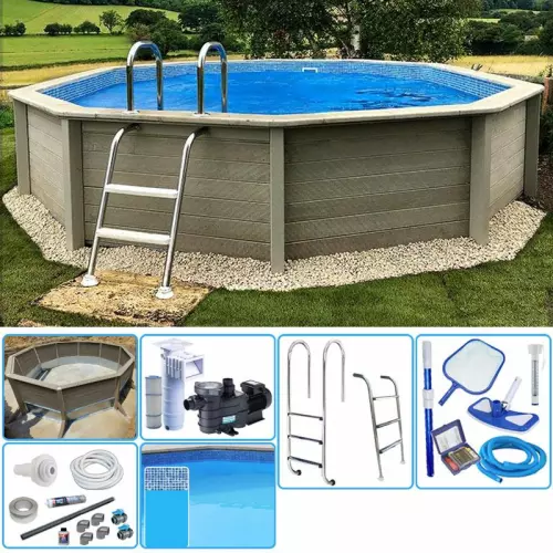 KIT Piscina cemento effetto legno NATURALIS decagonale Ø 4,93 x h 1,40 m con filtrazione a cartuccia