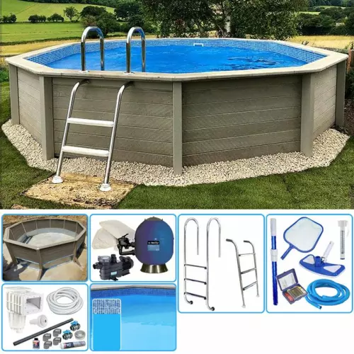 KIT Piscina cemento effetto legno NATURALIS decagonale Ø 4,93 x h 1,40 m con filtrazione a sabbia