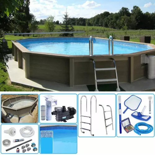 KIT Piscina cemento effetto legno NATURALIS decagono allungato 7,75 x 4,72 x h 1,40 m con filtrazione a cartuccia