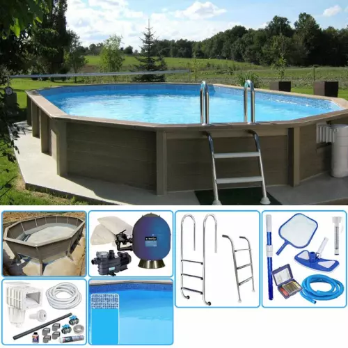 KIT Piscina cemento effetto legno NATURALIS decagono allungato 7,75 x 4,72 x h 1,40 m con filtrazione a sabbia