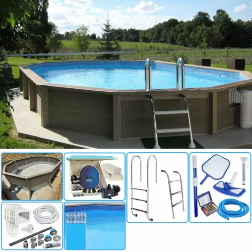KIT Piscina cemento effetto legno NATURALIS decagono allungato 7,75 x 4,72 x h 1,40 m con filtrazione a sabbia e locale tecnico