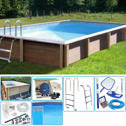 KIT Piscina cemento effetto legno NATURALIS rettangolare 4,67 x 3,24 x h 1,40 m con filtrazione a sabbia e locale tecnico
