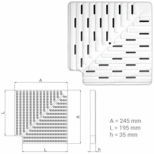 Griglia ad Angolo 90° per bordo piscina a sfioro : Larghezza canaletta 195 X H. 35 mm - prezzo al pezzo