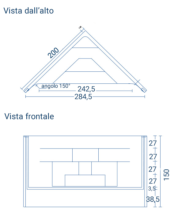 Dimensioni scala interna angolare in vetroresina per piscina