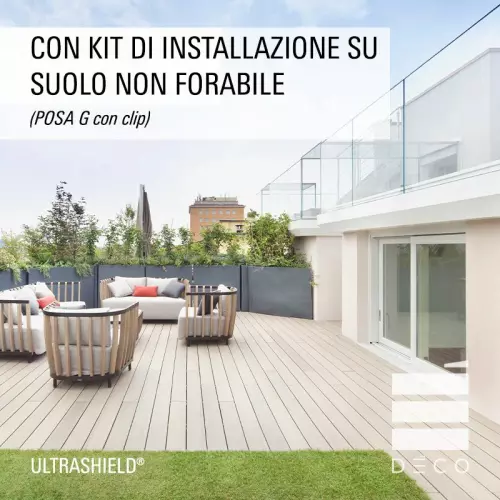 Listone in legno composito ULTRASHIELD Deco 2,3x13,8x220 cm per pavimentazione - Vendita al m² : Con Kit di installazione su suolo non forabile (POSA G con clip)