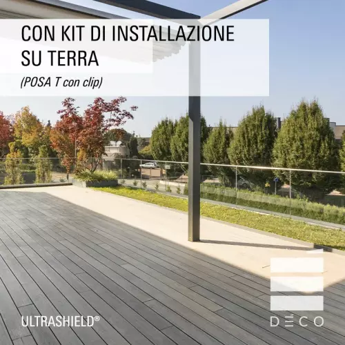 Listone in legno composito ULTRASHIELD Deco 2,3x13,8x220 cm per pavimentazione - Vendita al m² : Con Kit di installazione su terra (POSA T con clip)