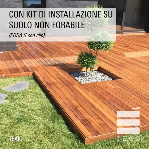 Listone in legno TEAK Déco 1,9x12 cm per pavimentazione - Vendita al m² : Con Kit di installazione su suolo non forabile (POSA G con posa a clip)