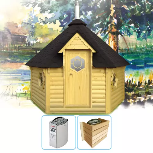 Sauna finlandese tradizionale da esterno ODINO 5-7 posti con spogliatoio - KIT STANDARD CON RISCALDATORE ELETTRICO