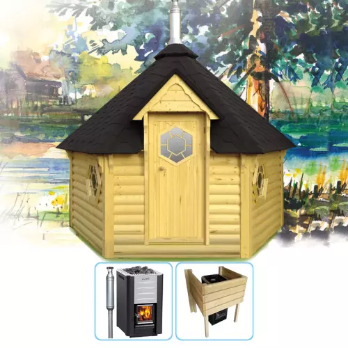 Sauna finlandese tradizionale da esterno ODINO con spogliatoio 5-7 posti - CON STUFA A LEGNA