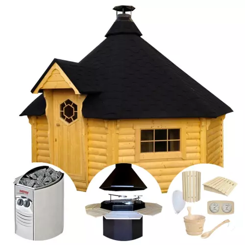 Sauna finlandese tradizionale da esterno OLAF 10-15 posti con barbecue - KIT PRO CON RISCALDATORE ELETTRICO 