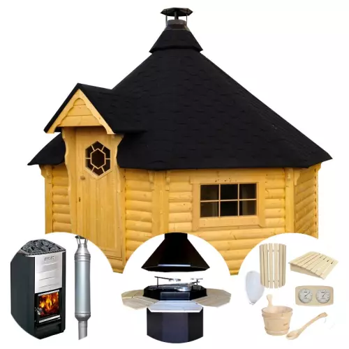 Sauna finlandese tradizionale da esterno OLAF 10-15 posti con barbecue - KIT PRO CON STUFA A LEGNA