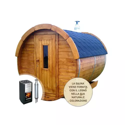 Sauna finlandese tradizionale da esterno PLUTONE 2-4 posti 2,5 m Ø 1,9 m - CON STUFA A LEGNA