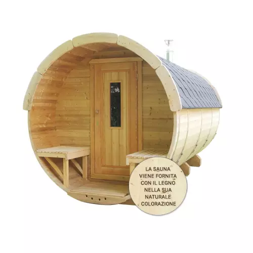 Struttura per sauna finlandese tradizionale da esterno PLUTONE 2-4 posti 2,5 m Ø 1,9 m CON TERRAZZA