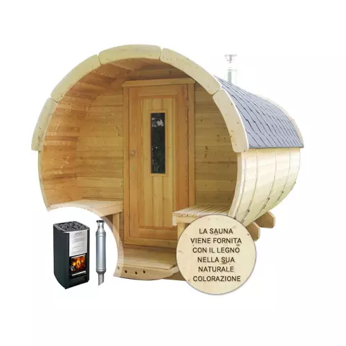 Sauna finlandese tradizionale da esterno PLUTONE 6-8 posti 3 m Ø 2,2 m CON TERRAZZA - CON STUFA A LEGNA