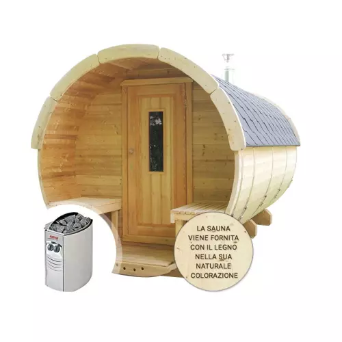Sauna finlandese tradizionale da esterno PLUTONE con spogliatoio 6-8 posti 3,5 m Ø 2,2 m CON TERRAZZA - CON RISCALDATORE ELETTRICO