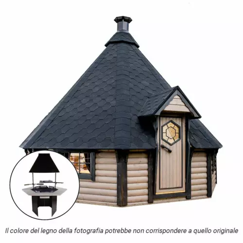 Casetta in legno IRIDE da giardino Ø 6,0 x h 4,7 m con BARBECUE LUXURY