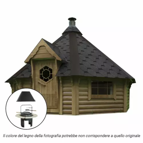 Casetta in legno MAIA da esterno Ø 5,1 x h 3,6 m con BARBECUE VIKING