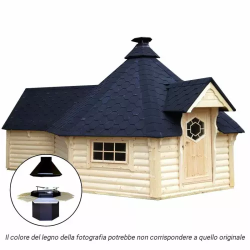 Casetta in legno GIUNO da giardino 4,5 x 6,3 x h 3,6 m con BARBECUE STANDARD