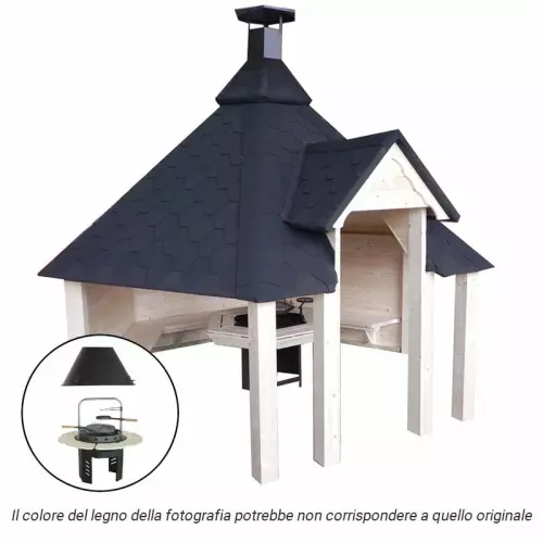 Casetta in legno aperta METI da giardino 4,4 x 3,84 x h 3,7 m con BARBECUE VIKING