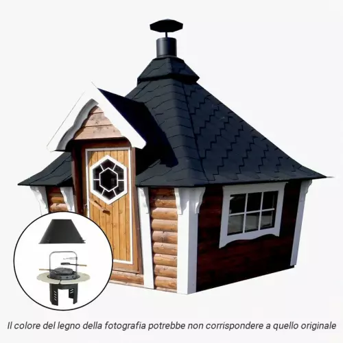 Casetta in legno TICHE da giardino 4,4 x 3,9 x h 3,5 m con BARBECUE VIKING