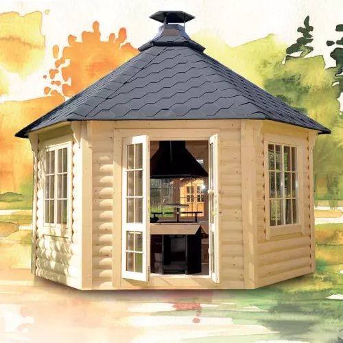 Casetta da giardino in legno MINERVA Ø 4,5 x h 3,4 m con barbecue