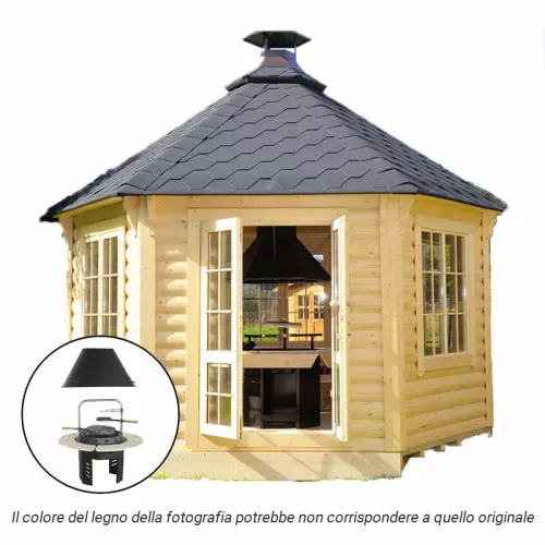 Casetta in legno MINERVA da giardino Ø 4,5 x h 3,4 m con BARBECUE VIKING