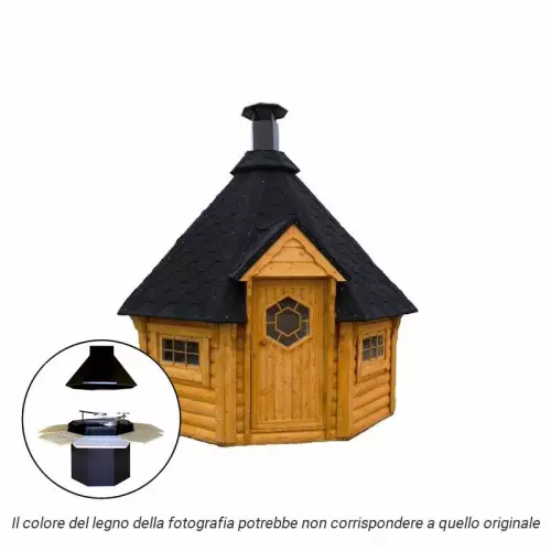Casetta in legno ARMONIA da giardino Ø 3,4 x h 3,3 m con BARBECUE STANDARD