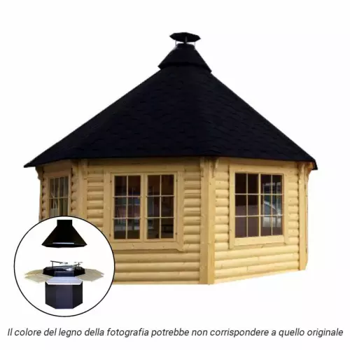 Casetta in legno NEFELE da giardino Ø 5,1 x h 3,8 m con BARBECUE STANDARD