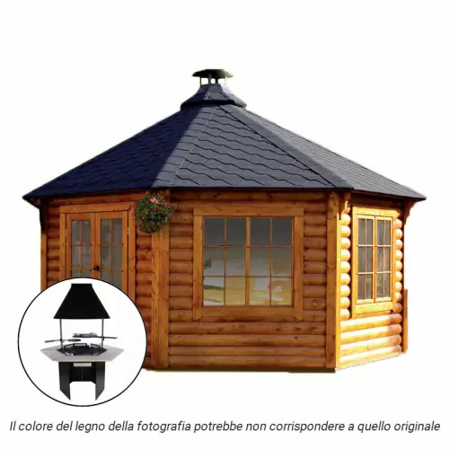 Casetta in legno SELENE da giardino Ø 5,6 x h 3,9 m con BARBECUE LUXURY