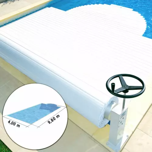Copertura di sicurezza MANU a tapparella fuori acqua per piscina rettangolare 9,8 x 4 m con scala romana raggio 1,5