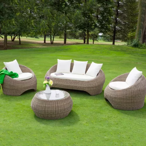 Salotto da giardino in wicker BARCELLONA con cuscini, 5 posti e tavolino