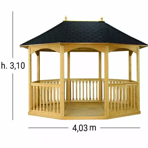 Gazebo in legno Brompton Pavilion GRANDE 4,03 x 3,08 x h. 3,10 m - Tetto rivestito con guaina Nera