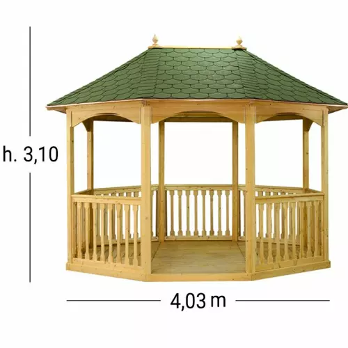 Gazebo in legno Brompton Pavilion GRANDE 4,03 x 3,08 x h. 3,10 m - Tetto rivestito con guaina Verde