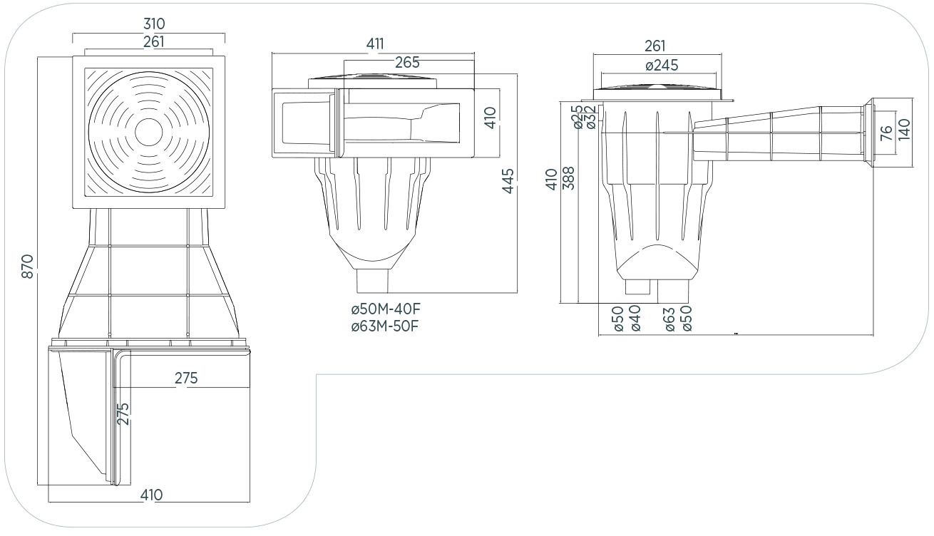 Dimensioni Skimmer sfioratore ad angolo in ABS per piscine in pannelli e cemento rivestite in PVC