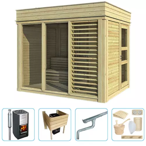 Sauna finlandese tradizionale da esterno ARES 2-5 posti con spogliatoio - KIT PRO CON STUFA A LEGNA