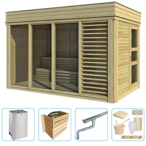 Sauna finlandese tradizionale da esterno ARES 2-6 posti con spogliatoio - KIT PRO CON RISCALDATORE ELETTRICO